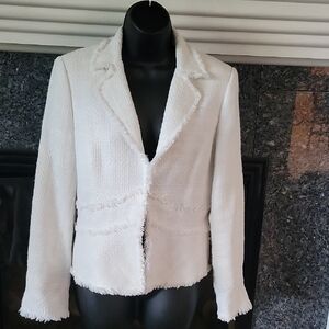 White Textured Blazer with Frayed Edges